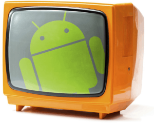 The green Android mascot in an orange TV
