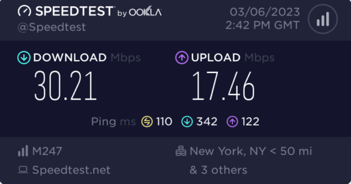 Atlas VPN Speed Result New York
