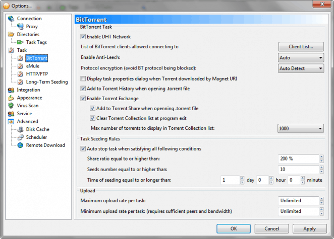 Options and settings in BitComet client
