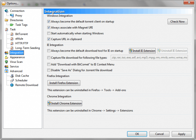 Extensions settings in BitComet client
