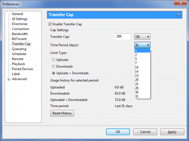 Transfer cap settings in BitTorrent