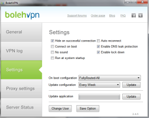 The settings menu for BolehVPN's desktop client