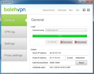 Screenshot of BolehVPN's software in action