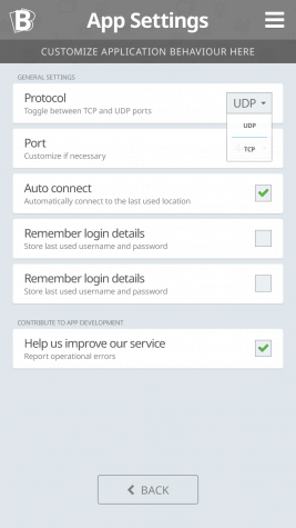 Buffered VPN client settings menu