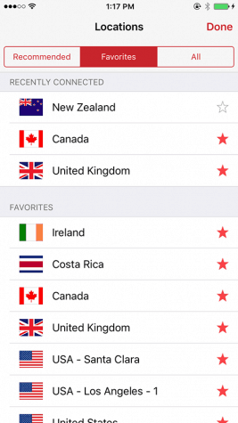 The different locations of ExpressVPN displayed by the app