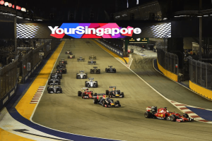 Formula 1 racecars on the Singapore track