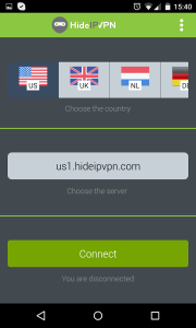 The country selection page of HideIPVPN's smartphone app
