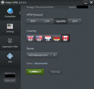The main interface of HideIPVPN's desktop client