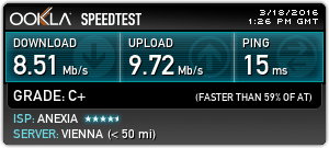 The speedtest results for HideMyass with Austria