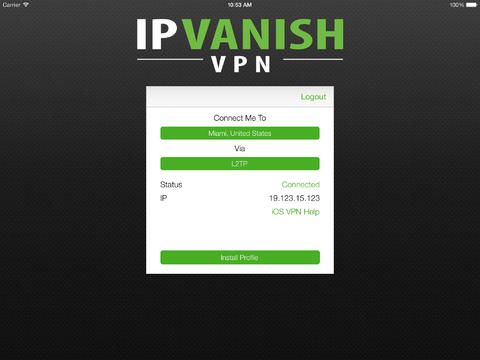 IPVanish iOS app on iPad