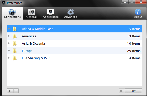 VPN servers listed in Le VPN desktop client