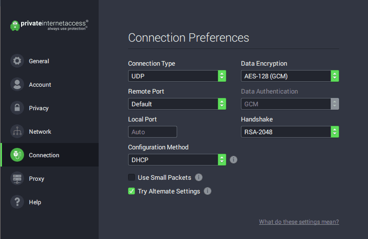 Connection preferences offered by Private Internet Access