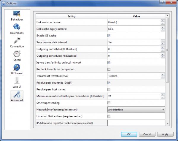 Advanced settings in qBittorrent client