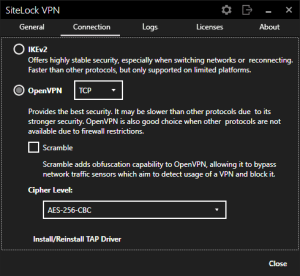 SiteLock VPN connection settings