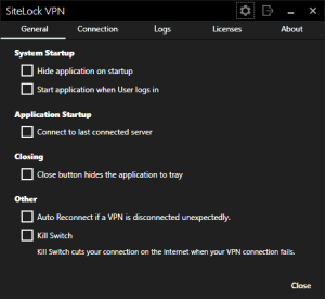 SiteLock VPN general settings