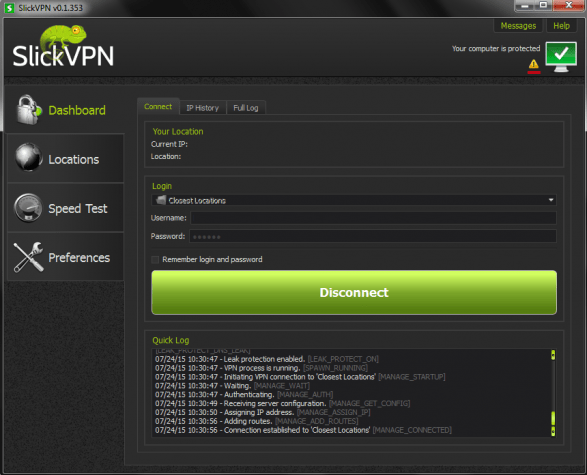 Main page of the desktop client for SlickVPN