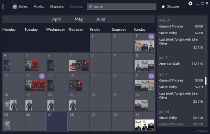 The calendar feature of Stremio, showcasing all the upcoming series