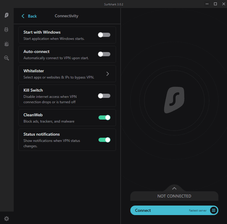 Connectivity settings offered by Surfshark