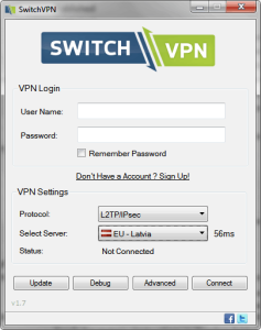 The main interface of the windows client for SwitchVPN