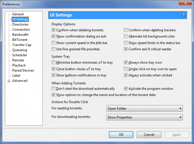 UI settings in uTorrent client
