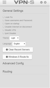 The available settings of VPNSecure's client