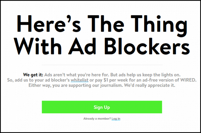 WIRED's ad block message