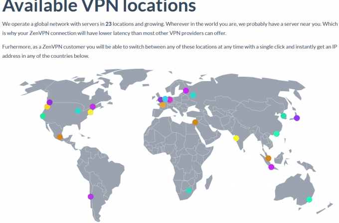 The map for the proxy locations of ZenVPN